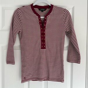 Lauren Ralph Lauren Maroon & White Striped Lace-Up Knit Top